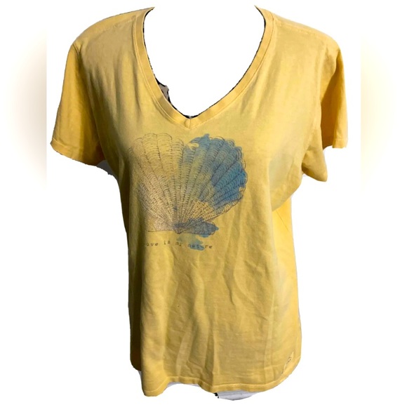 Life Is Good Tops - Life Is Good T Shirt XL  Yellow Short Sleeve V Neck Beach Shells women’s
